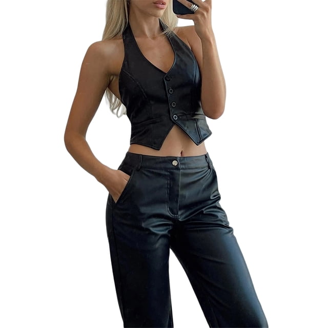 Sunloudy Camisola Femenina, Verano Color Sólido Cuello Halter Casual Chaleco Crop Tops con Botones para Adultos, S/M/L/XL Sunloudy moda