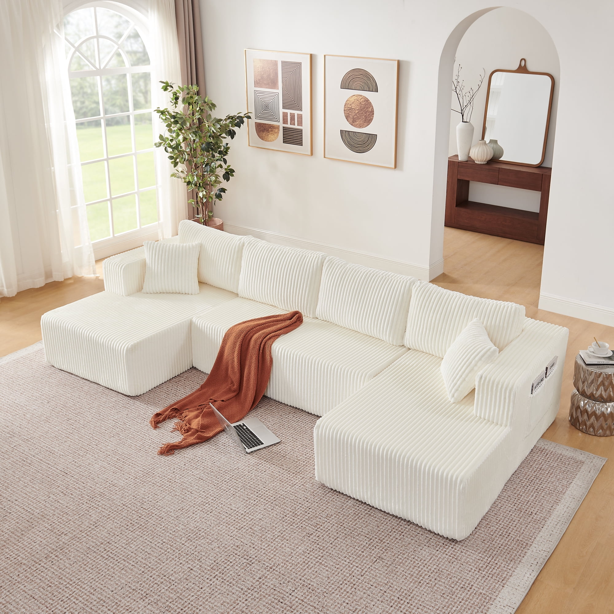 Leumius 132" U Shaped Modular Sectional Sofa,Modern Minimalist Corduroy Boneless Cloud Sofa with Double Chaise,Memory Foam Sectional Couch with Deep Seat for Living Room, No Assembly Required,Beige