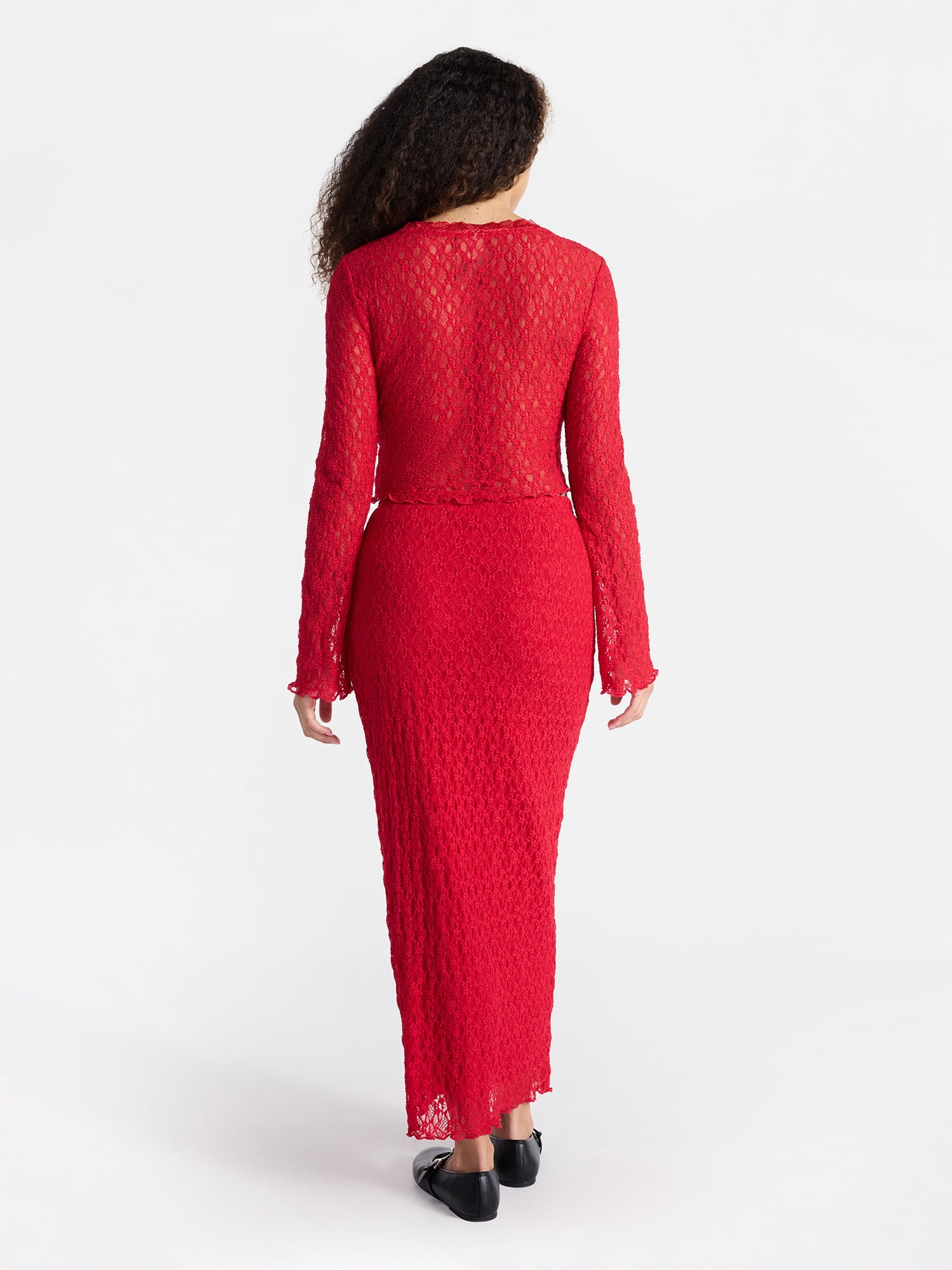 No Boundaries Lace Long Sleeve Crop Top and Midi Skirt Set, 2-Piece, Women’s