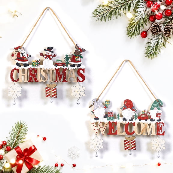 Wooden Christmas Sign, 'CHRISTMAS' and 'WELCOME' Door Wooden Hanging Farmhouse, 2Pcs
