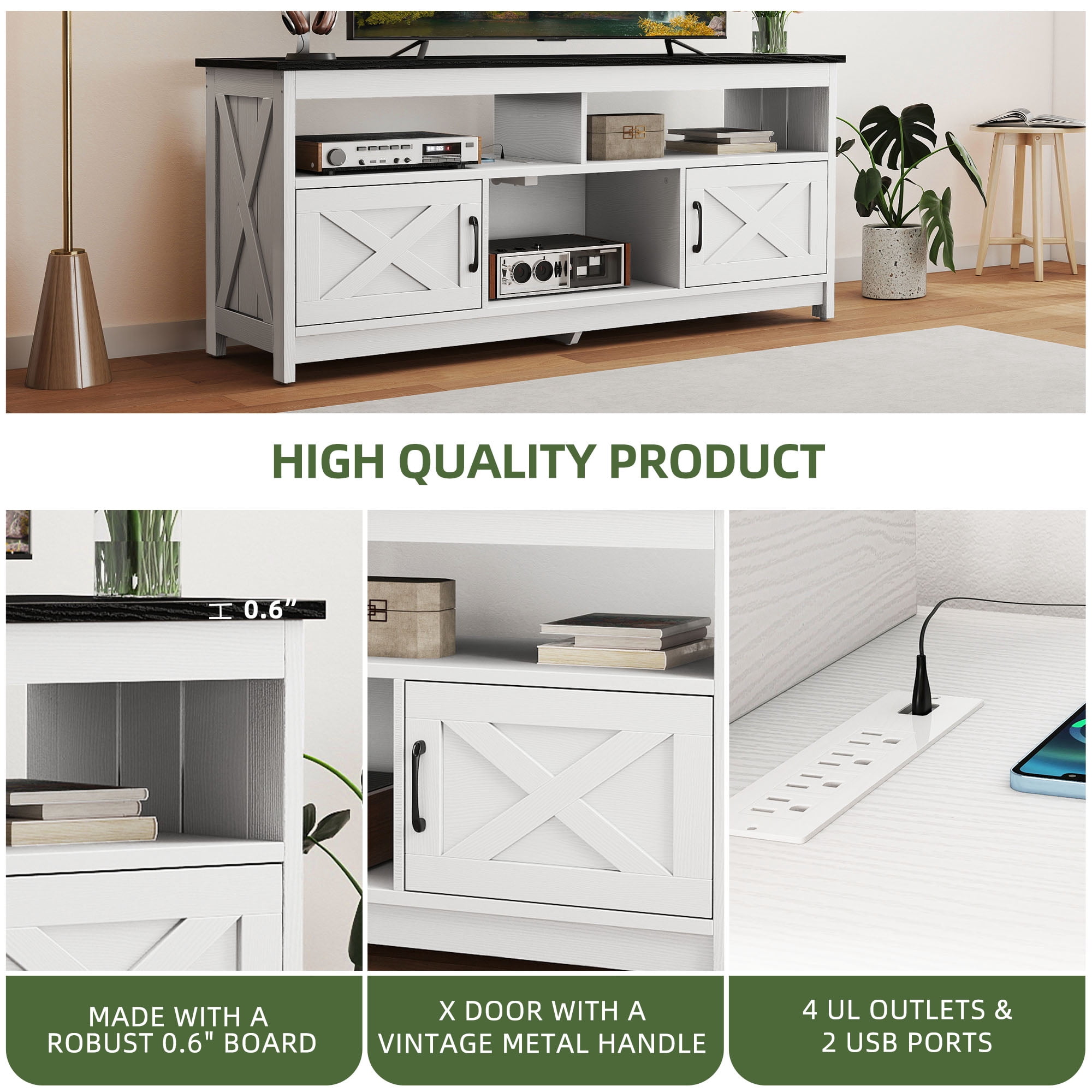 Uforic 59" Farmhouse TV Stand for 55/60 Inch TV with Power Outlet,Entertainment Center TV Console with Door, White & Black