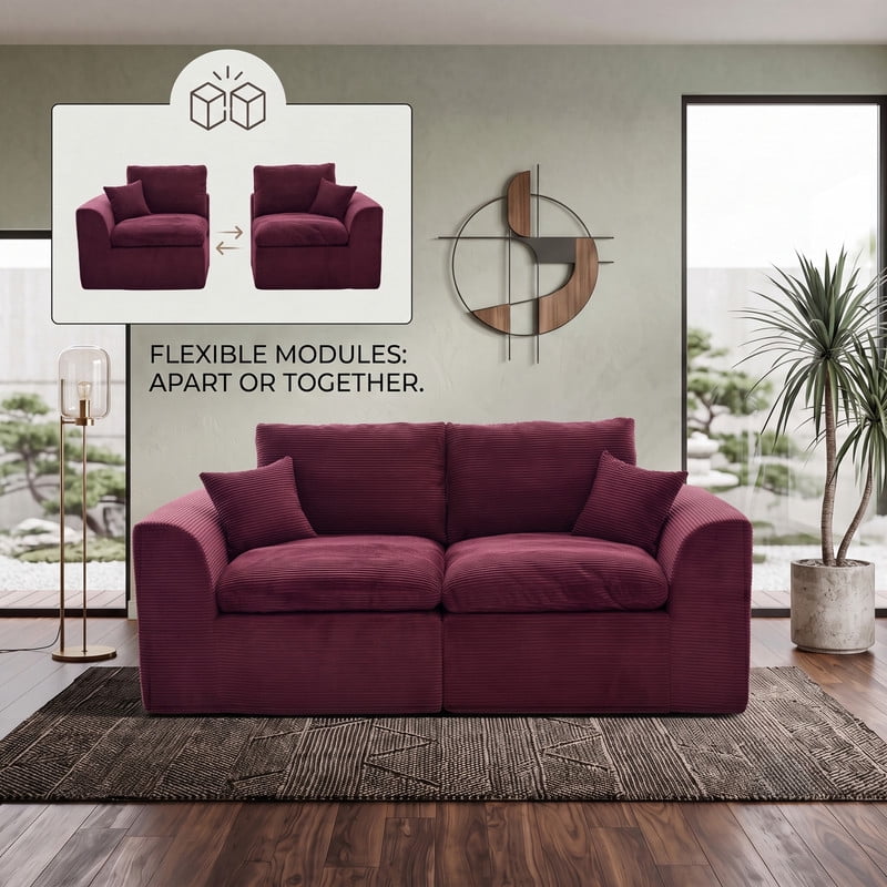 Gewnee Loveseat Sofa, Modular Cloud Couch, Corduroy 2 Seater Sofa with Removable Covers, No Assembly Required,WINE RED