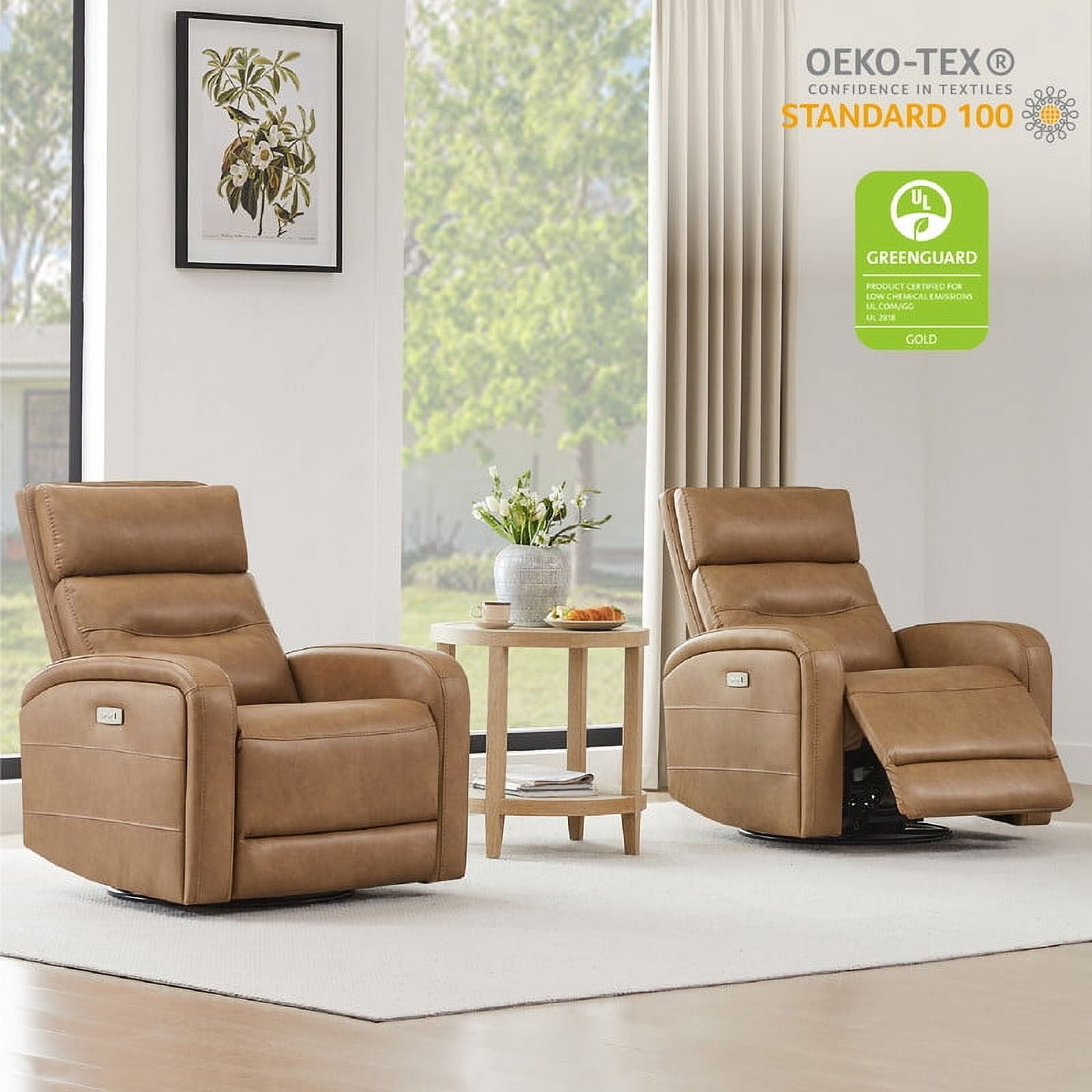 CHITA Power Glider Recliner Chair, 270° Swivel Recliner with USB & Type-C Charge for Nursery, Faux Leather in Camel