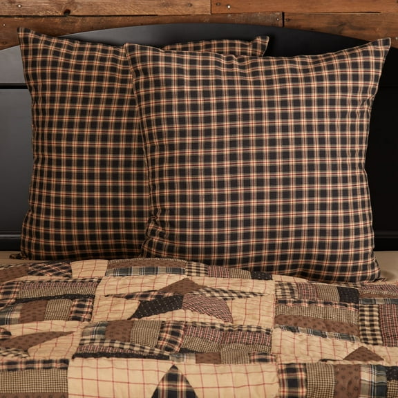 VHC Brands Bingham Star Plaid Cotton Americana Bedding Square Euro Sham, 26" x 26", Soft Black