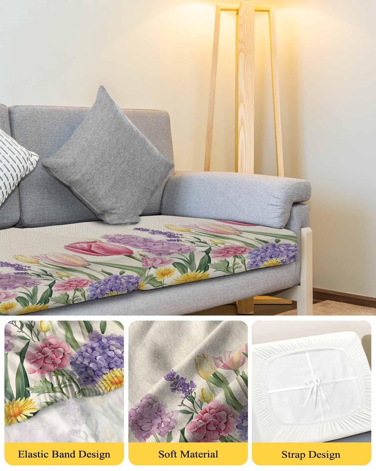 Spring Floral Couch Cushion Covers,Stretch Seat Cushion Covers for Sectional Sofa,Pink Tulip Summer Botanical Rustic Individual Sofa&nbsp;Slipcovers Furniture Protector with Elastic Straps 1Pcs, S