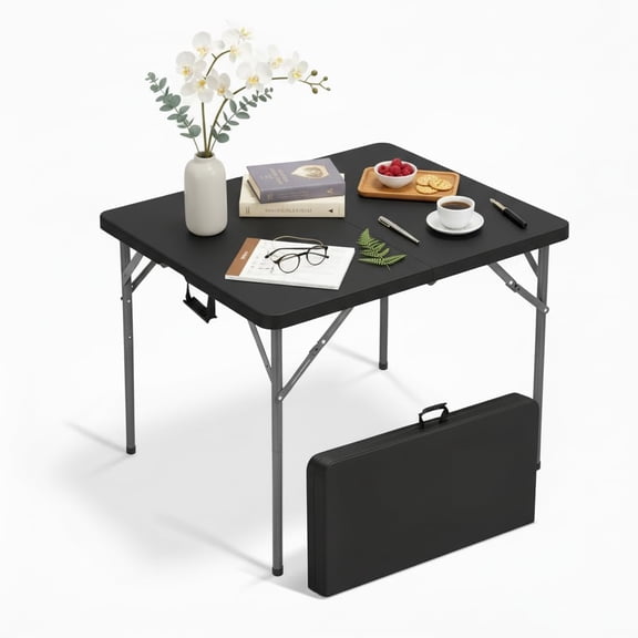 34" Folding Card Table, Heavy Duty Plastic Square Table - Handle & Lock& Portable,for Camping, BBQ, Party (Square, Black)