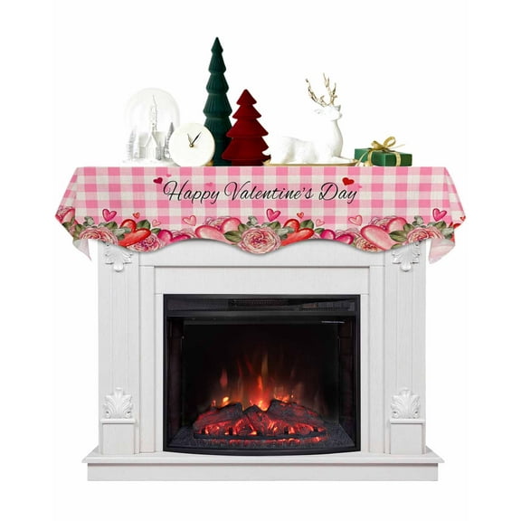 Valentines Day Fireplace Mantel Scarf Table Runner, Pink Red Love Heart Plaid Winter Garland Mantel Top Tablerunners Dresser Scarves Cover Decorations for Windows Party Living Room 90''x17''
