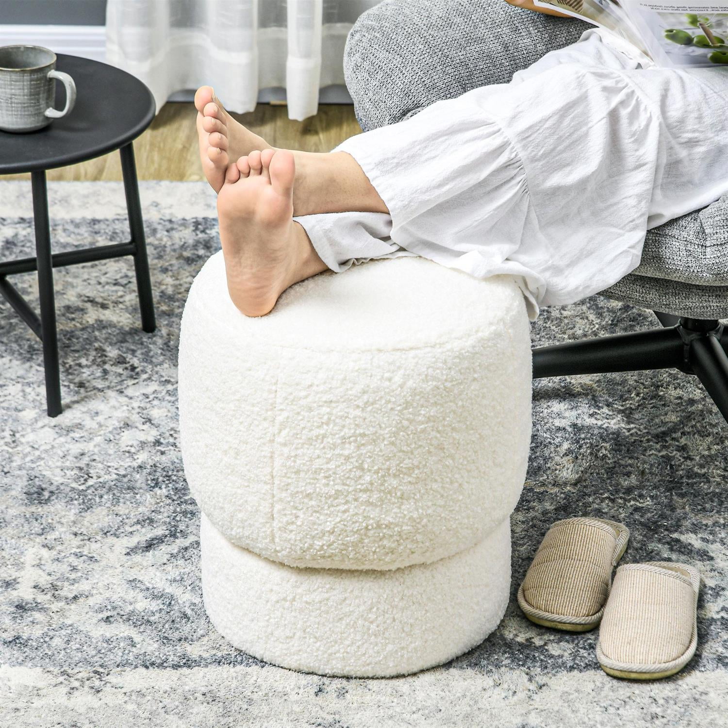 Demi Bonn 17" Round Ottoman Footstool, Plush Teddy Fleece Fabric, Entryway & Living Room Use, Comfy Seating with Storage, White