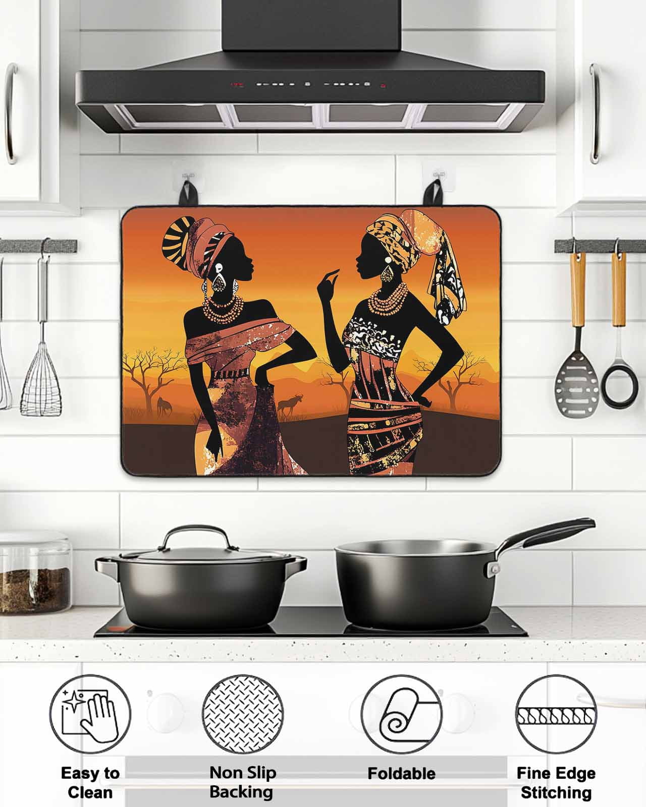 Stove Top Covers for Electric Stove, Black Orange Girls Boho Glass Stovetop Cover Protector, Vintage Ethnic Abstract Art Induction Cooktop Protector Oven Mat for Kitchen Countertop 24"x21"
