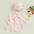 thumbnail image 2 of Bagilaanoe Toddler Baby Girl One-Piece Swimsuit Floral Print Long Sleeve Zipper Rashguard Swimwear + Swimming Cap 6M 9M 12M 18M 24M 3T Kids Ruffle Bathing Suit, 2 of 8