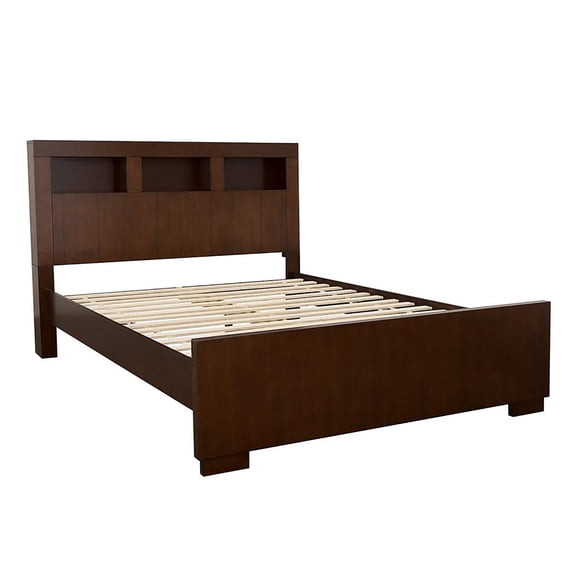 JERFIT Modern Queen Size Bed with LED Lighted Bookcase Headboard, Cappuccino Brown Wood Storage Platform Bed