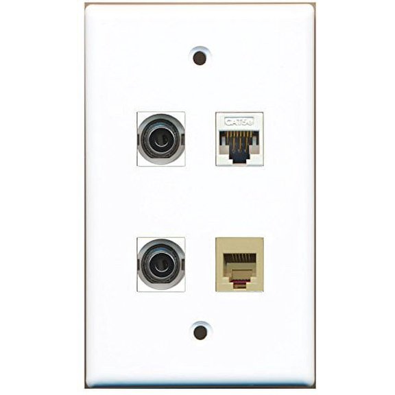 RiteAV - 1 Port Phone RJ11 RJ12 Beige 2 Port 3.5mm 1 Port Cat5e Ethernet White Wall Plate