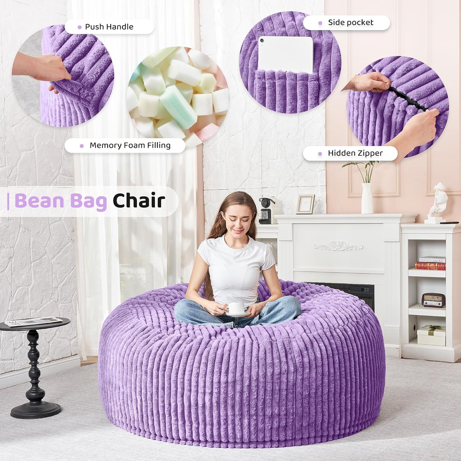 3FT Bean Bag Chair, 3' Large Bean Bag Chairs for Adults with Stripe Plush Cover, Memory Foam Beanbag Chair for Living Room Bedroom Dorm，Grey