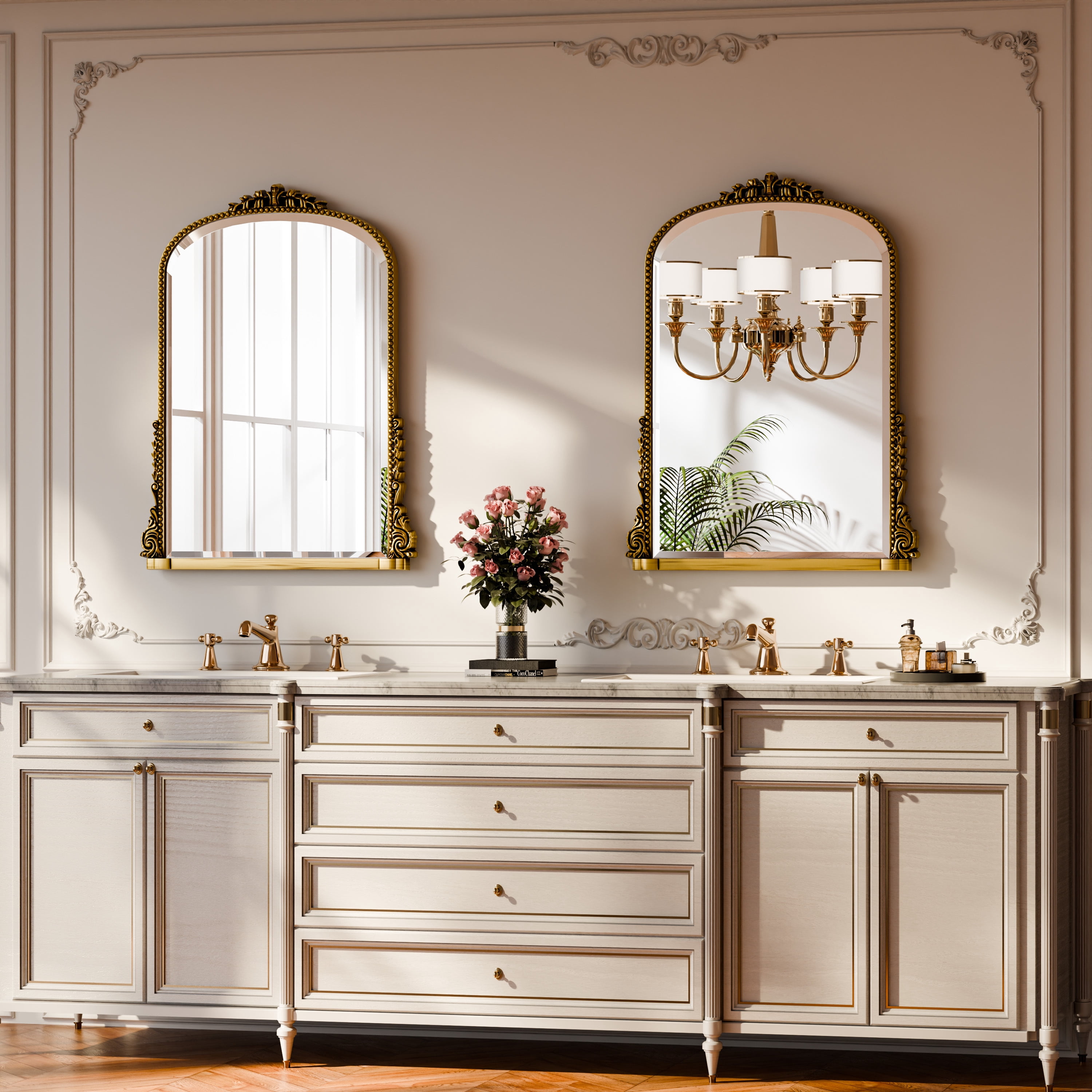 GRAHMCY 32"x 24" Arched Bathroom Mirror Hanging Vanity Mirror Decor Wall Mirror, Antique Gold