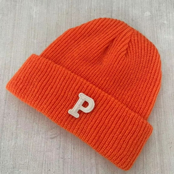 Fashion Casual P-letter Woolen Yarn Men Knitting Cap Hat Cuff Knit Beanie Fleece Warm Knitted Hat Winter Warm ORANGE