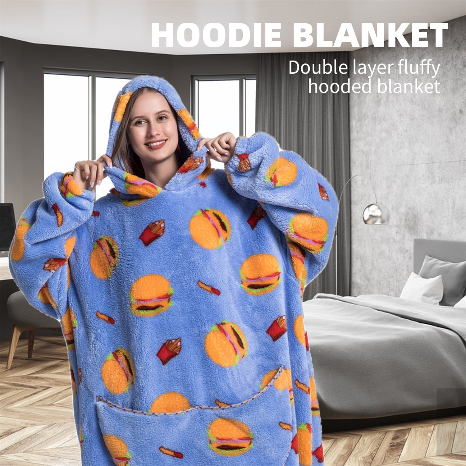 Oversized Blanket Hoodie for Adults Wearable Blanket Adult Winter Warm Plush Soft Hoodie Blanket with Front Pocket Extra Long Hooded Sweatshirt for