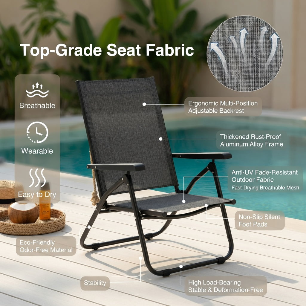 Hommoo 2-Pack Foldable Chaise Lounge Chair with 5-Position Reclining Backrest & 2-Position Adjustable Footrest, Outdoor Patio, Poolside & Garden Use, Gray