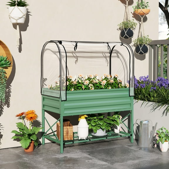Outsunny Raised Garden Bed with Cover and Storage Shelf, Rectangular Metal Elevated Planter Box with Legs and Bed Liner, Green