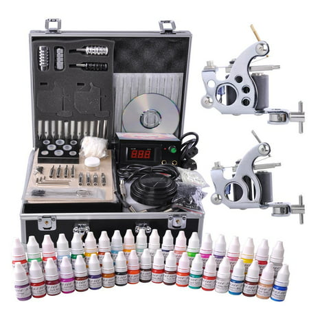 Complete Tattoo Kit 2 Machine Guns 10 Wrap 40 Color Inks LCD Power Supply Foot Switch Equipment Set with Carry