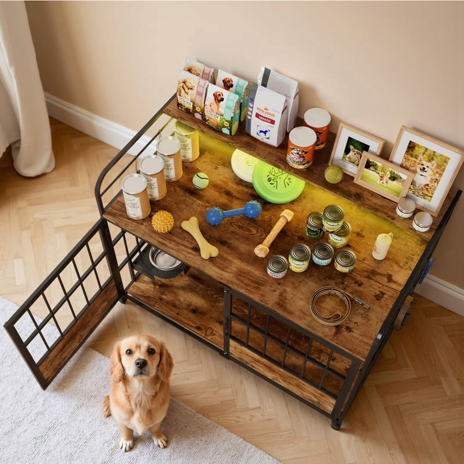 Homall 44.1" Wooden Furniture Style Crate for Dog with Dual Desktops, Rounded Side Armrests, Multi-Color LED Lights