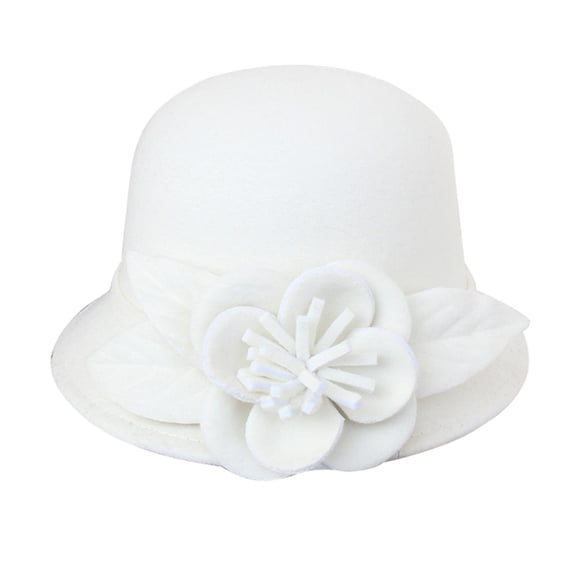 Holzkary Cloche Hat for Women,Vintage Fall Winter Felt Fedora with Floral,Short Brim Flat-Top Dress Hat for Church Tea Party and Weddings,1920S Style Bucket Hat White M