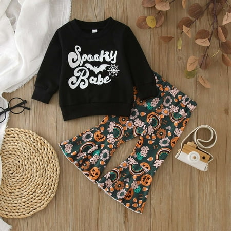 

Yiwula Toddler Girls Long Sleeve Letter T Shirt Pullover Tops Cartoon Prints Bell Bottoms Pants Outfits
