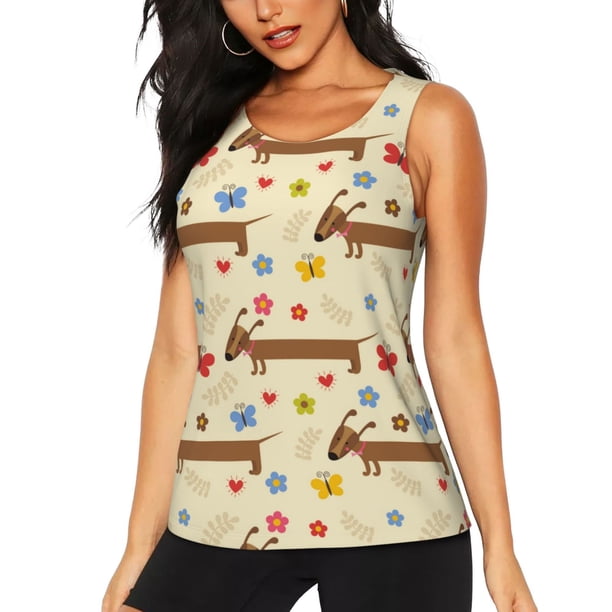 Balery Dachshund Dog And Flower Camiseta sin mangas estampada ligera para mujer, tops de entrenamiento sin mangas, camisetas de yoga transpirables de secado rápido.-Small