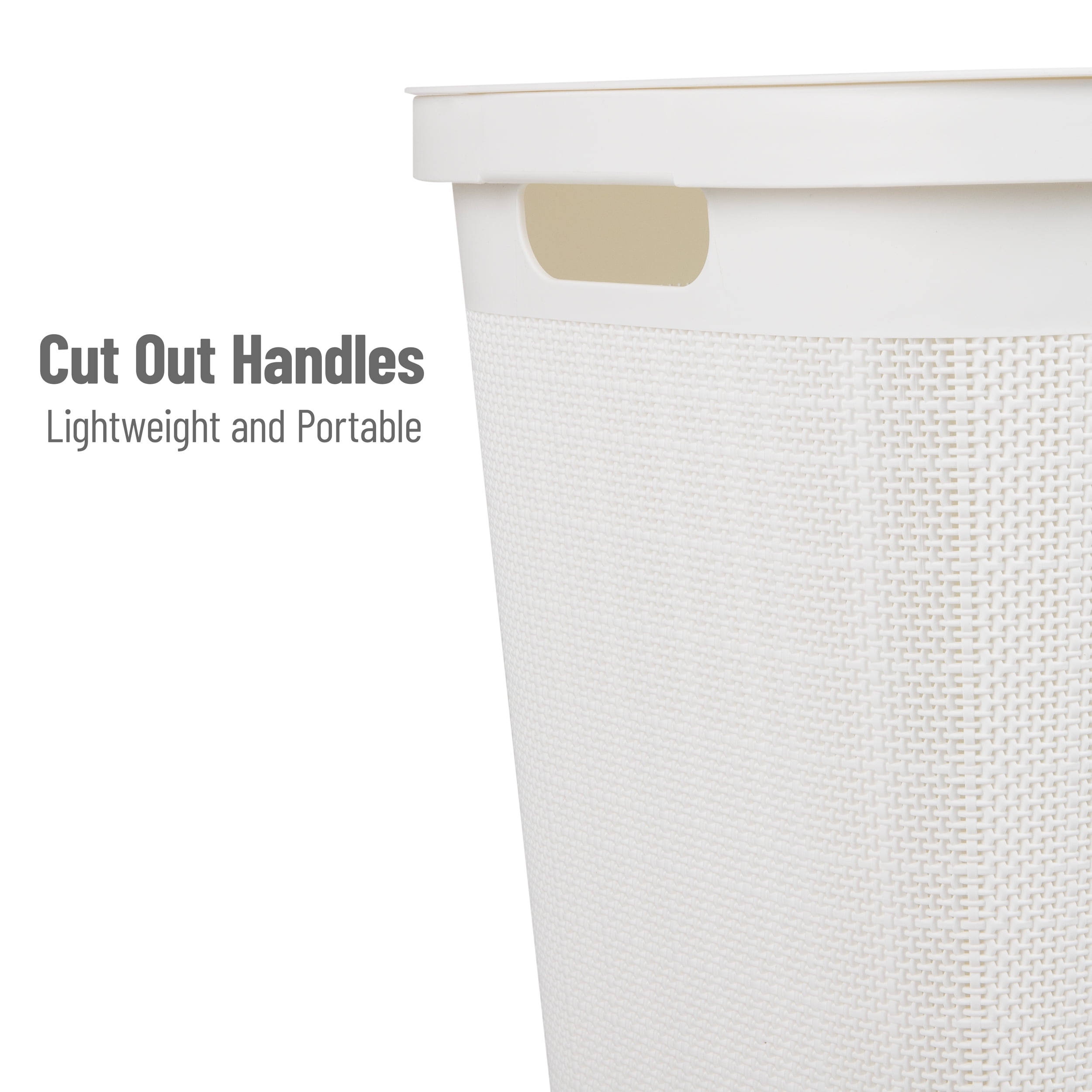 Mind Reader 60L Slim Laundry Hamper, Clothes Basket, Lid, Linen Design, Plastic, White