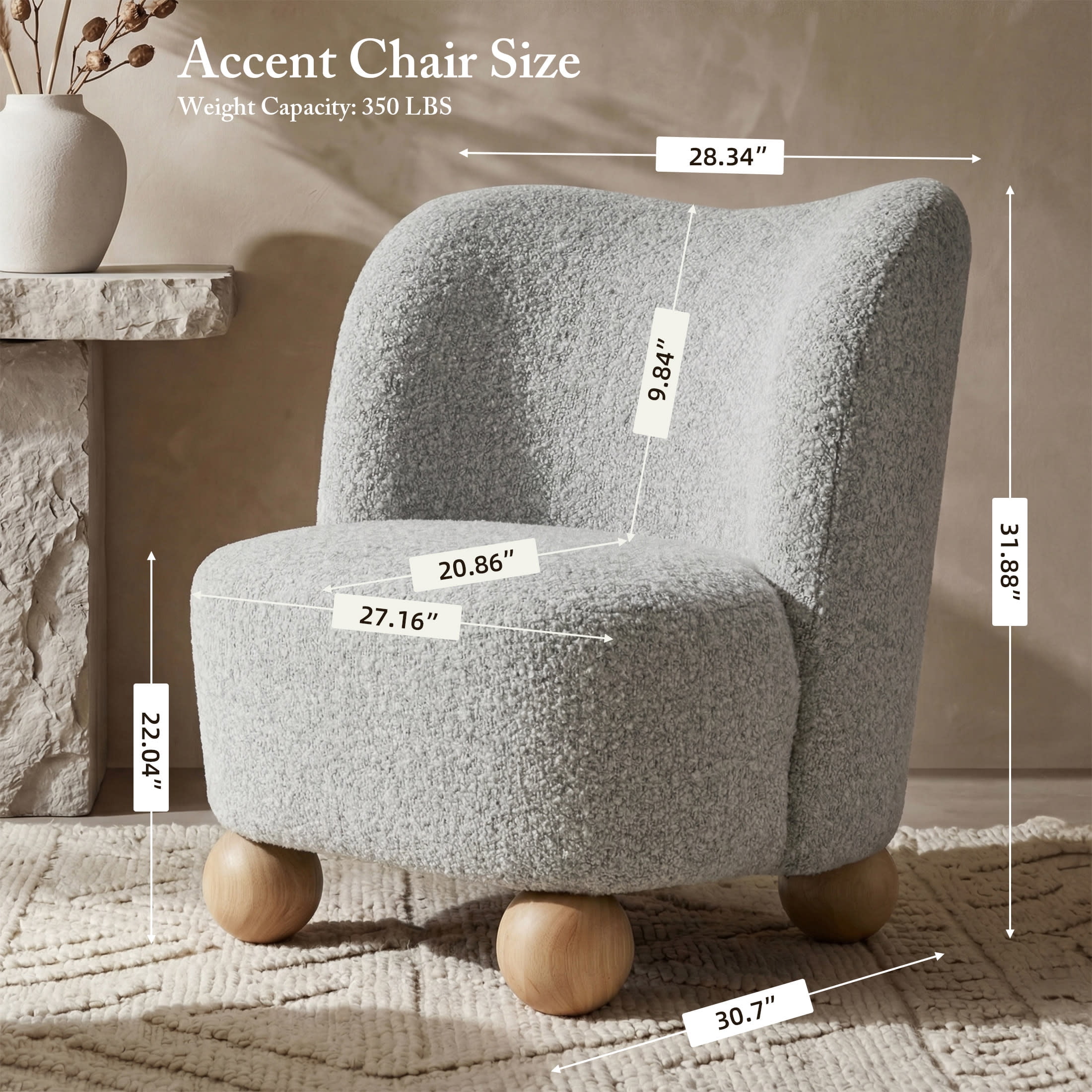 Aenkyo Contemporary Boucle Armless Accent Chair with Sculptural Wood Ball Feet, Gray