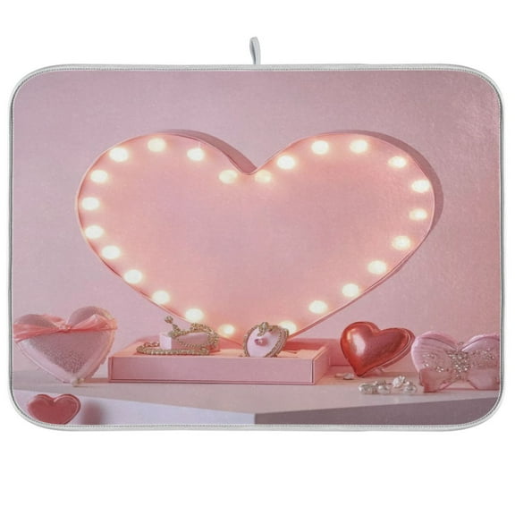 Pink Heart-shaped Light Box Dish Drying Mat Kitchen Mats Microfiber Counter Absorbent Dish Pad Drainer Rack