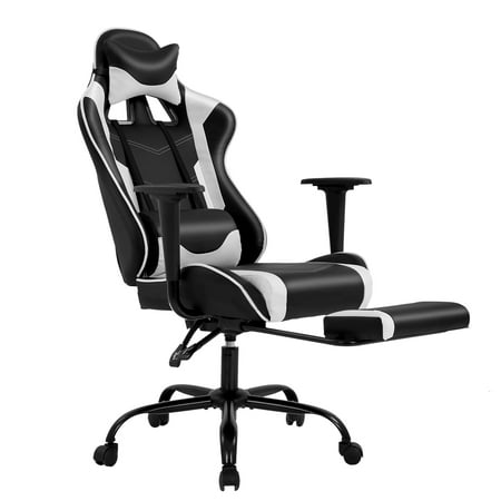 BestOffice Gaming Chair PU leather Ergonomic Computer High Back Adjustable with Footrest Headrest Lumbar Support,White