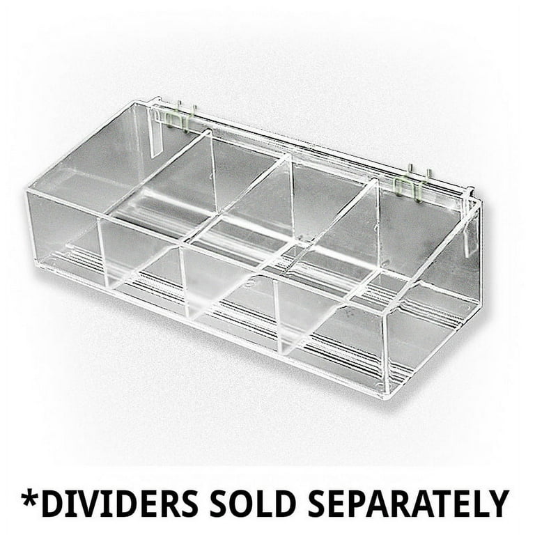 Clear Plastic Adjustable Divider Bin for Pegboard or Slatwall. Acrylic  Storage Open Container, includes 2 Metal U-Hooks for hanging. Size: 13.5 W  X 7D X 4H - Azar Displays