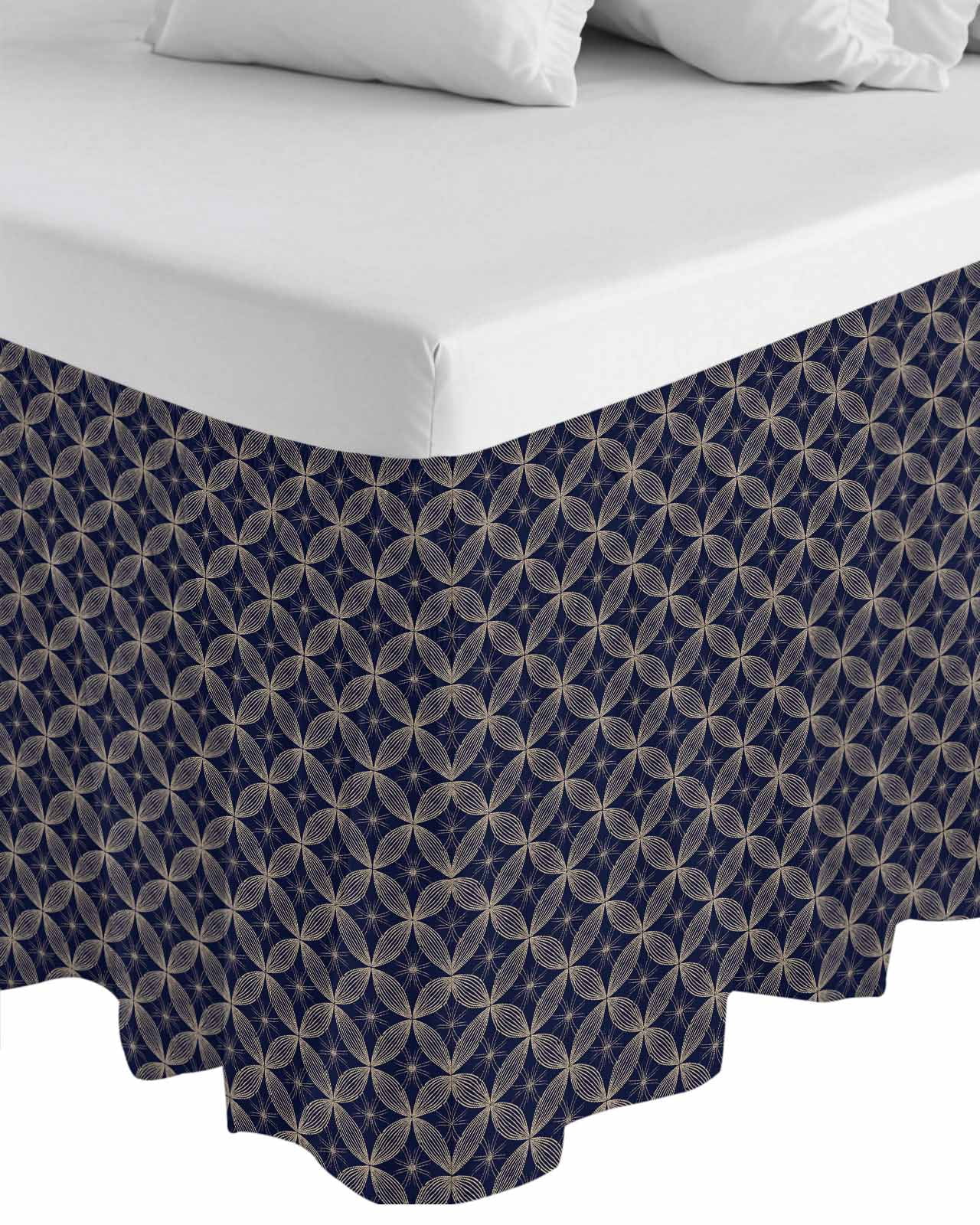 Navy Blue Geometric Bed Skirt Queen Size,Brown Modern Abstract Art Aesthetics Wrap Around Bed Skirting with Adjustable Elastic Strap,Dust Ruffle Pleated Bedskirts 16 Inch Drop for Bedroom Queen Beds