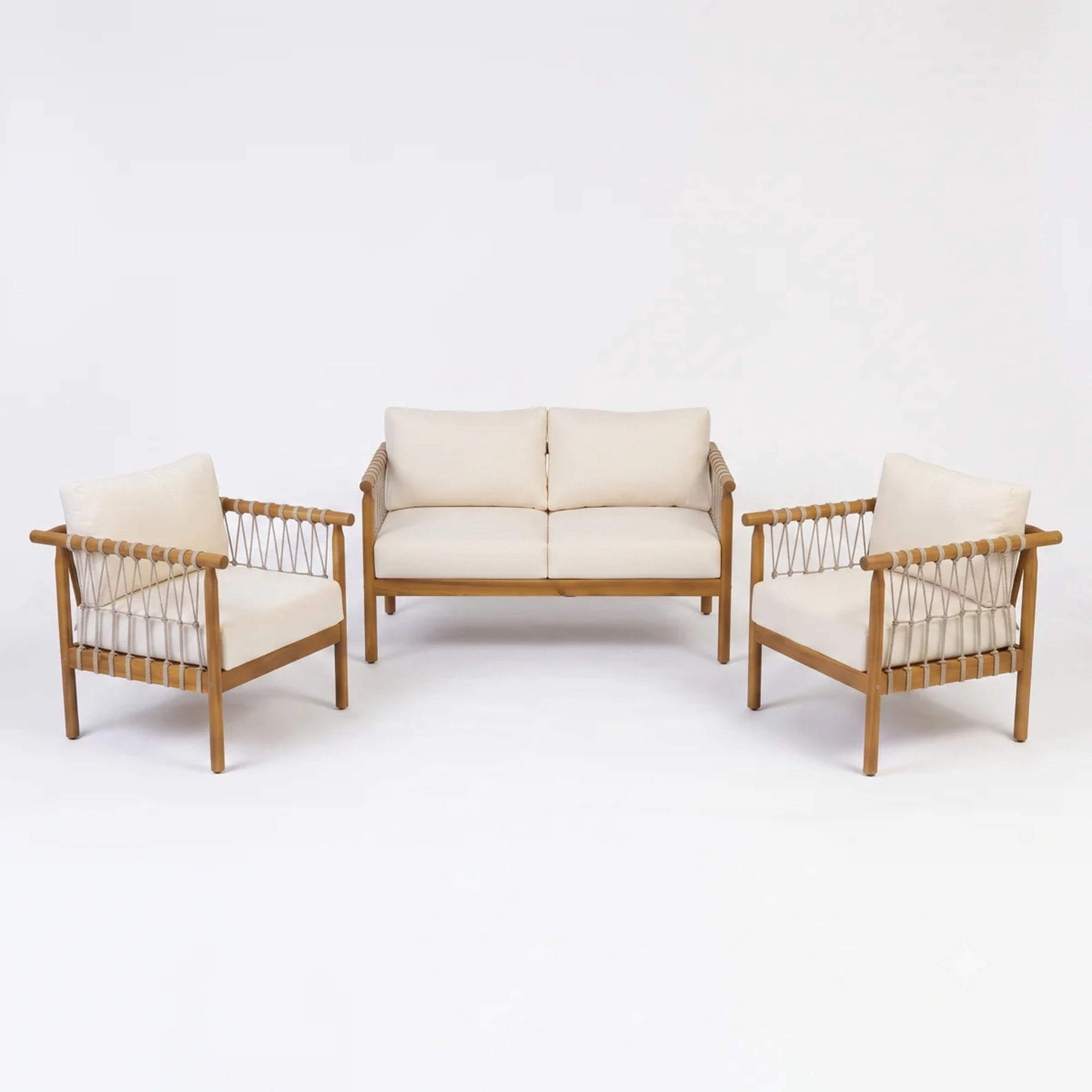 Christopher Knight Home 3-Piece Wood Outdoor Sofa Set with Cushions, 4 Seats, Teak+Cream