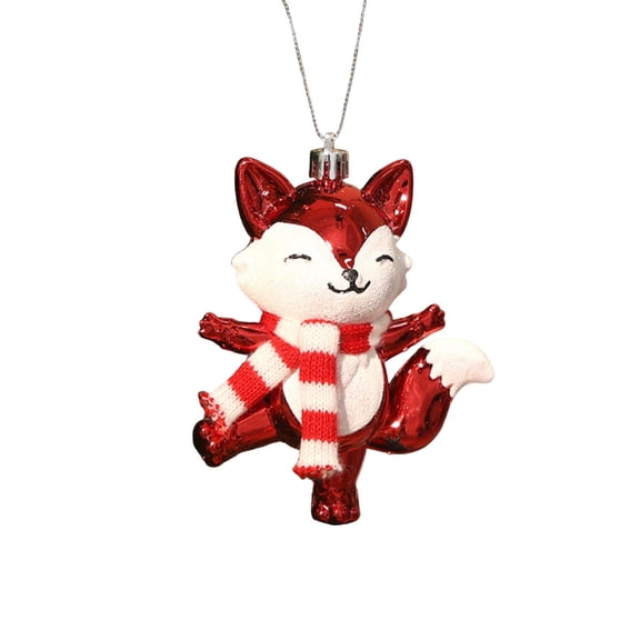 Red Fox Christmas Tree Ornament with Striped Scarf and Electroplated Finish, Single Piece, Red Metallic, for Holiday Branch Hanging, Decoration