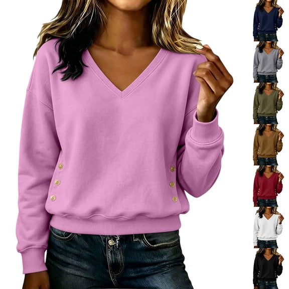 TARIENDY Cropped Sweatshirt for Women Lightweight Long Sleeve V Neck Pullover Tops Fashion Fall Casual Sweatshirts Pink L
