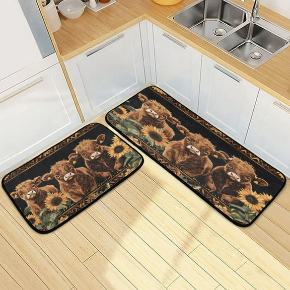 Ryvnso Highland Cow Sunflower Kitchen Rugs Set Non Slip Runner Mats for Dining Room