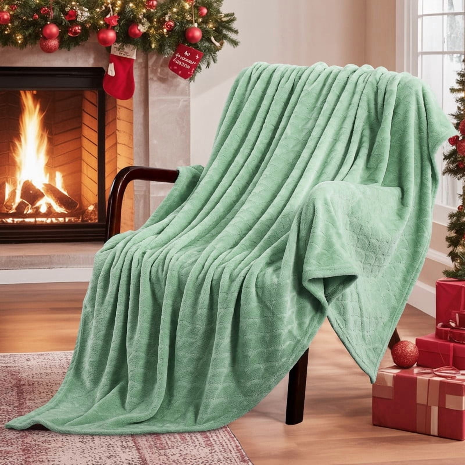 Aisbo Brushed Flannel Blanket Winter Green Queen, Super Soft and Cozy Blankets All Season Use