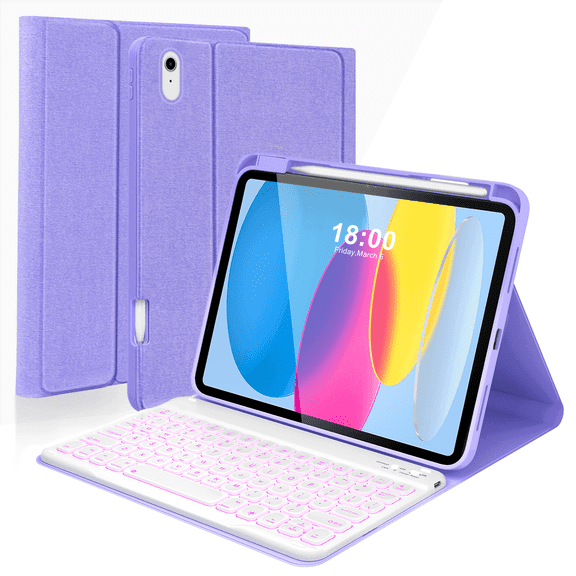Vinci iPad (A16) 11th 10th Generation Case with Keyboard, 7-Color Backlit Wireless Detachable Folio Keyboard Cover with Pencil Holder for 11'' iPad A16 2025 10.9 Inch 10th 2022 (Purple)