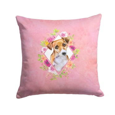 Carolines Treasures CK4155PW1414 Jack Russell Terrier 1 Pink Flowers Fabric Decorative Pillow  14Hx14W multicolor