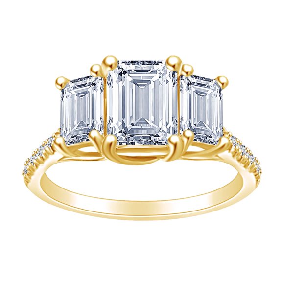 AFFY 2.1 Carat (Cttw) Emerald & Round Cut White Natural Diamond Three Stone Engagement Ring In 14k Solid Yellow Gold Ring Size-5