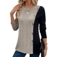 thumbnail image 3 of Women'S Color Block Button Asymmetric Long Sleeve Shirt, Light Button Trim, Side Slit Waist Top Khaki L, 3 of 8