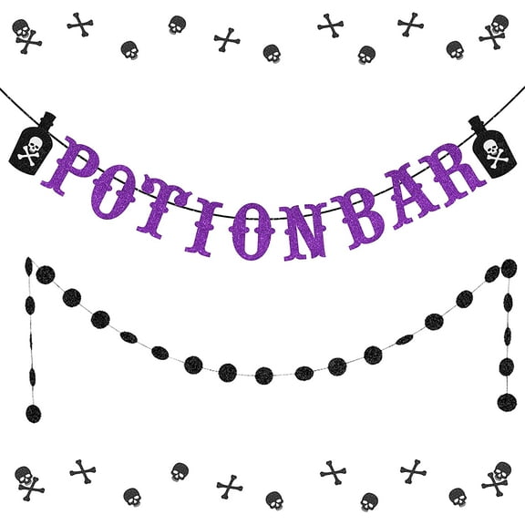 Halloween Potion Bar Banner and Circle Dots Garland - Halloween Witch Party Supplies for Bar Table Home Indoor Outdoor Decors (Purple Black Glittery)