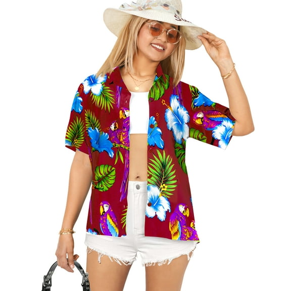 HAPPY BAY Women's Button Down Casual Summer Beach Party Blouse Shirt Hawaiian Short Sleeve Tropical Vacation Dress Shirts Blouses for Women S Purple Parrot, Red