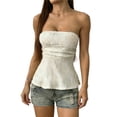 thumbnail image 2 of Women Strapless Textured Tube Top Ruffle Hem Peplum Slim Solid Casual Tank Elastic Fit, 2 of 9