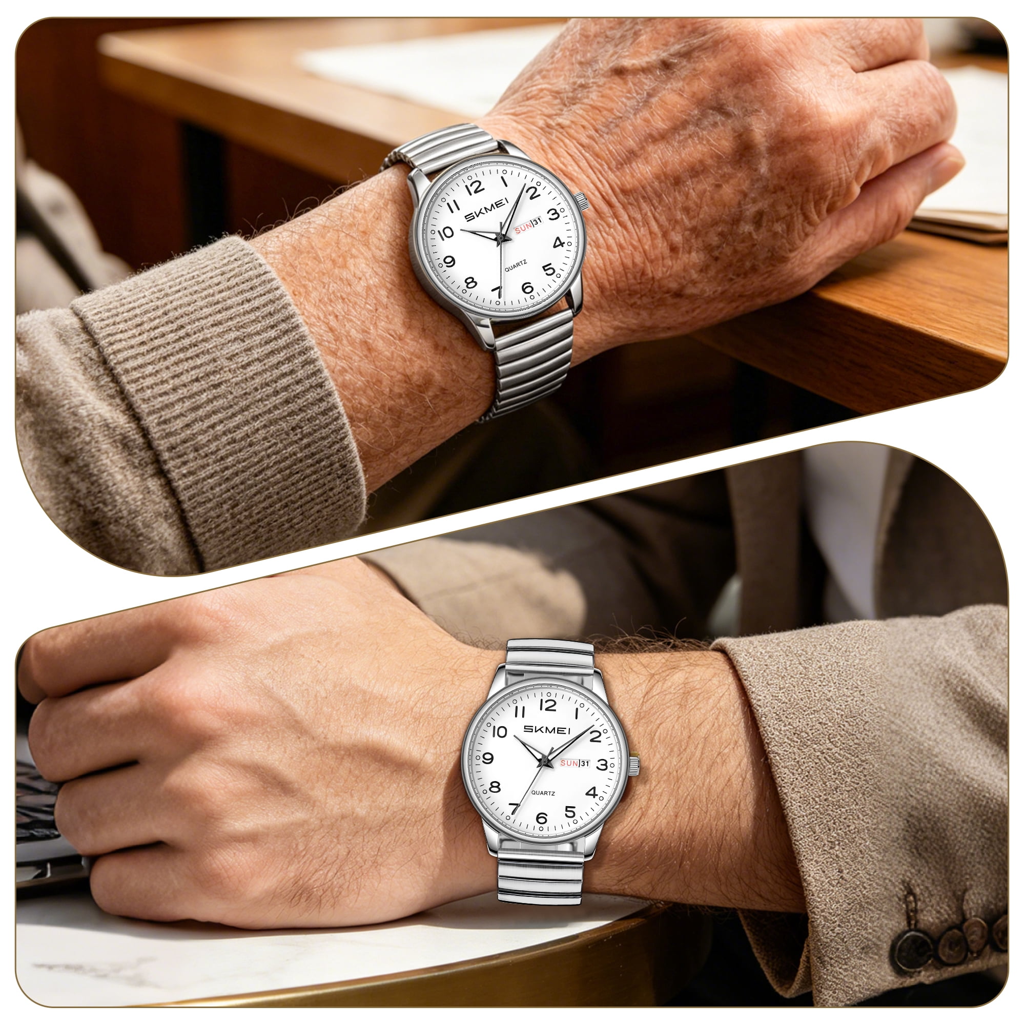 SKMEI Watches for Men Easy Reader Analog Mens Quartz Watch with Stainless Steel Expansion Band Luminous waterproof watch