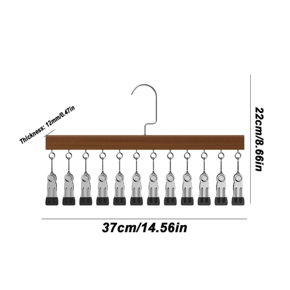 12-Clip Wooden Stainless Steel Pant Hanger, Space-Saving Hanging Wardrobe Storage Rack, Ideal for Storing Summer Clothing (Vintage Style - 12 Clips, 2-Piece Set)