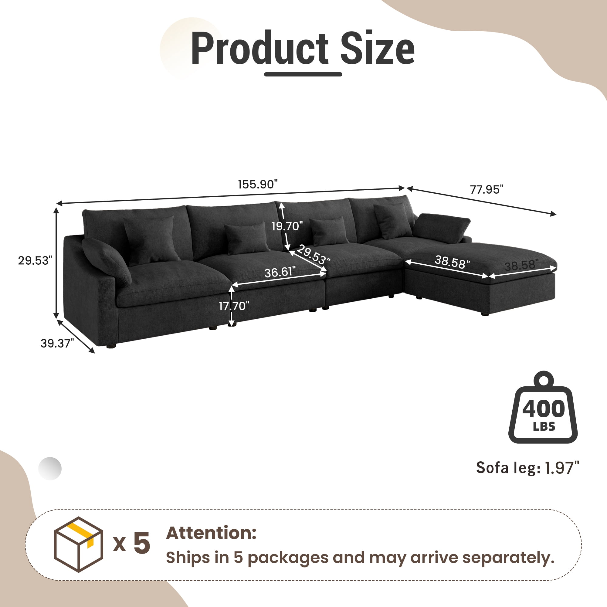 120" Cloud Couch Sectional for Living Room, Down Filled Convertible L Shape Couch with Ottoman,Black