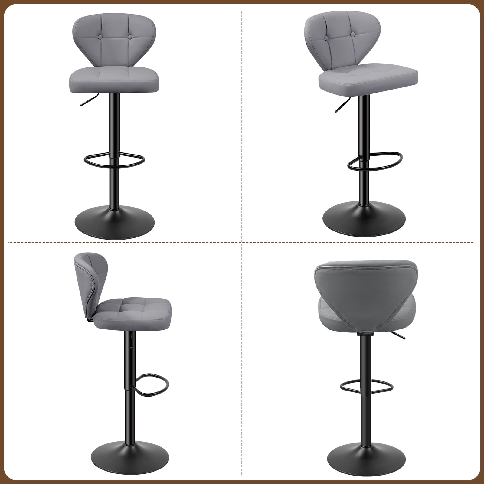 Hawsaiy Vintage Style Leather Bar Stool Set of 4 with Button-Tufted Design,Dark Gray