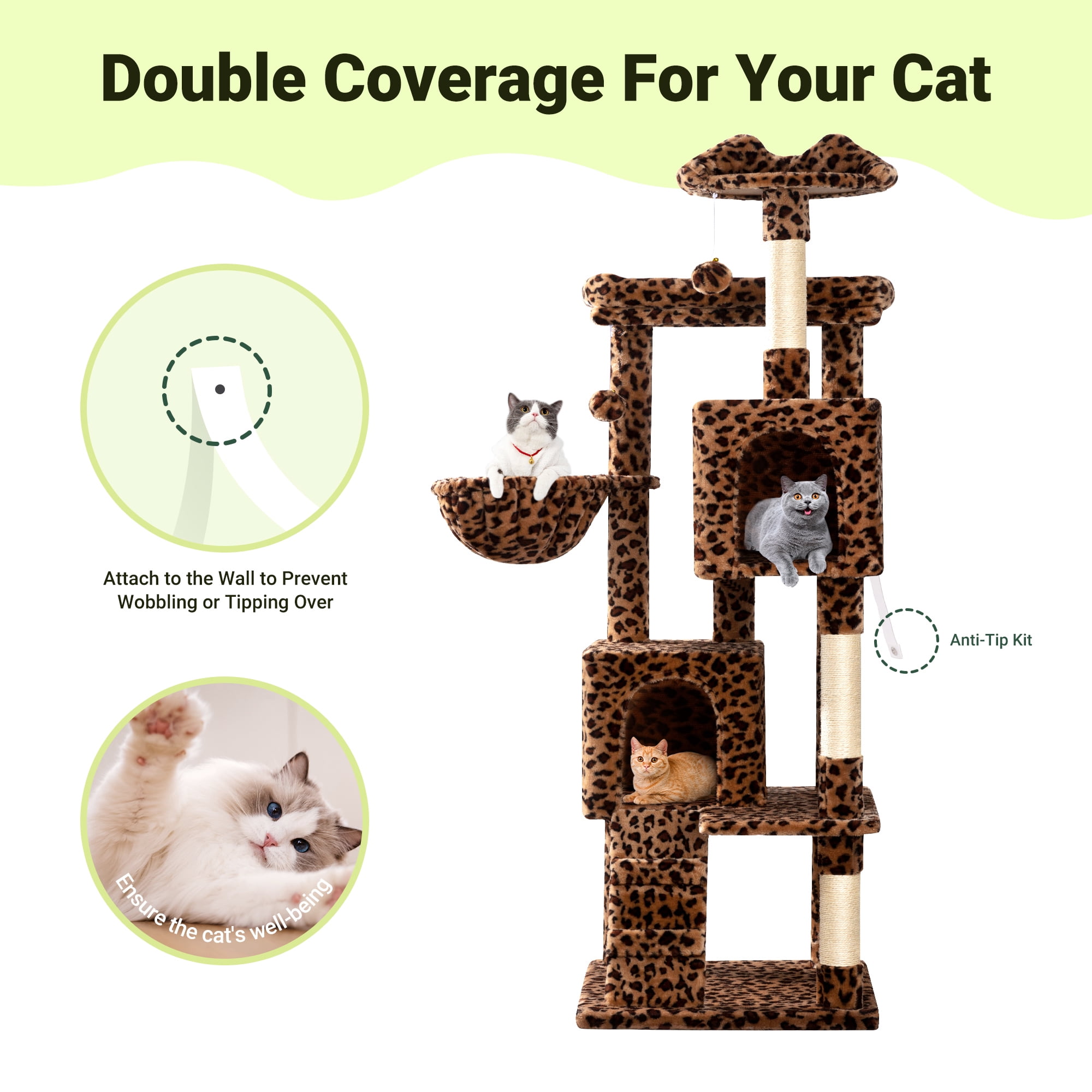 Allewie 64 Inches Cat Tree Tower, Multi-Level Activity Center for Indoor Big Felines, 2 Plush Condos, 2 Perchs, Basket, House, Sisal Scratching Posts, Hanging Cat Toys, Leopard Print